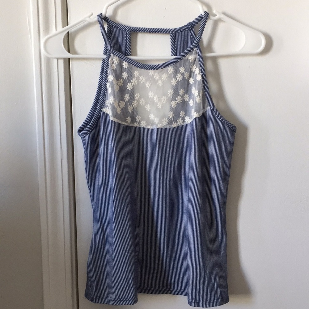 Blue striped/lace flower tank